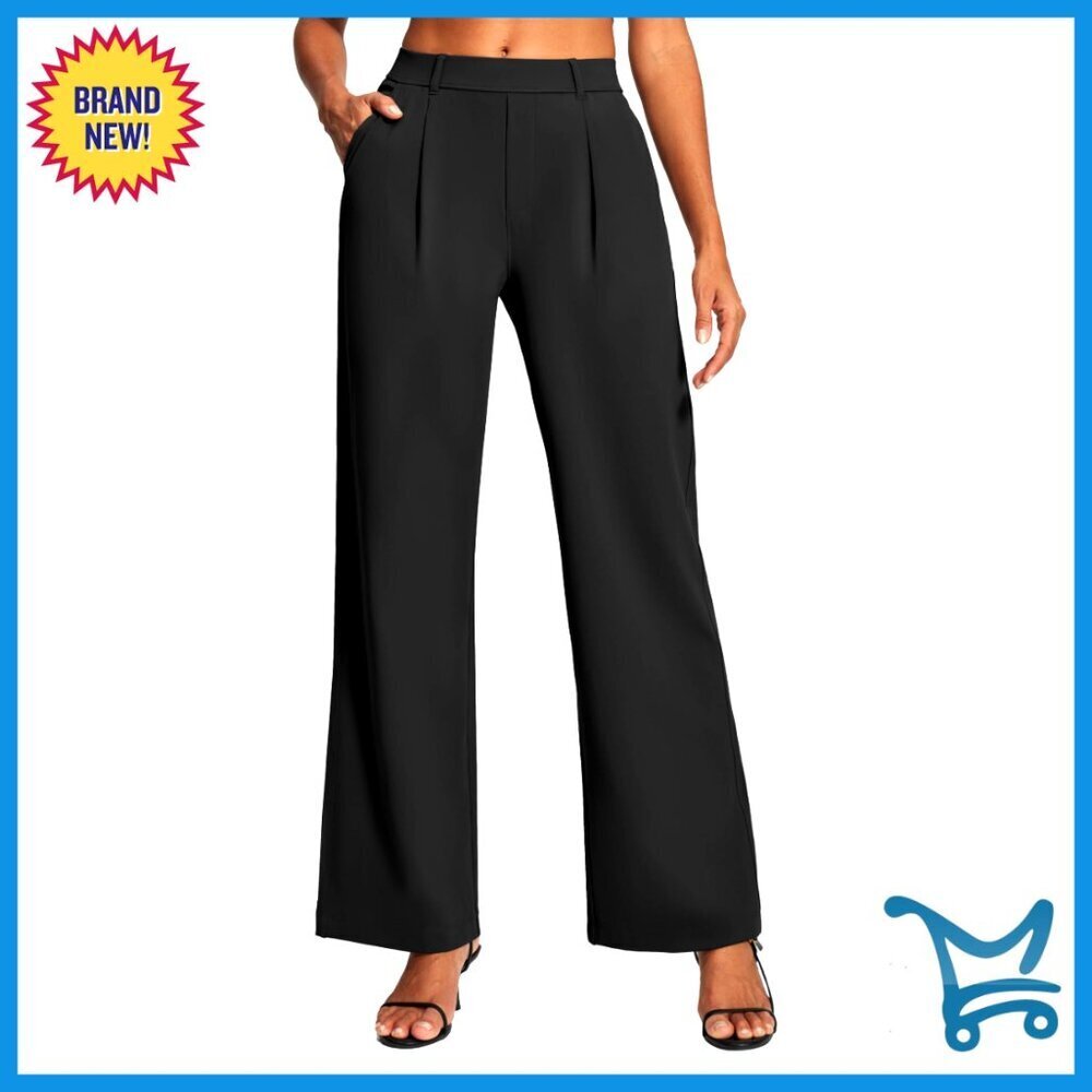 Wide Leg Work Pants with Stretch, Pull-On Design, High Waist